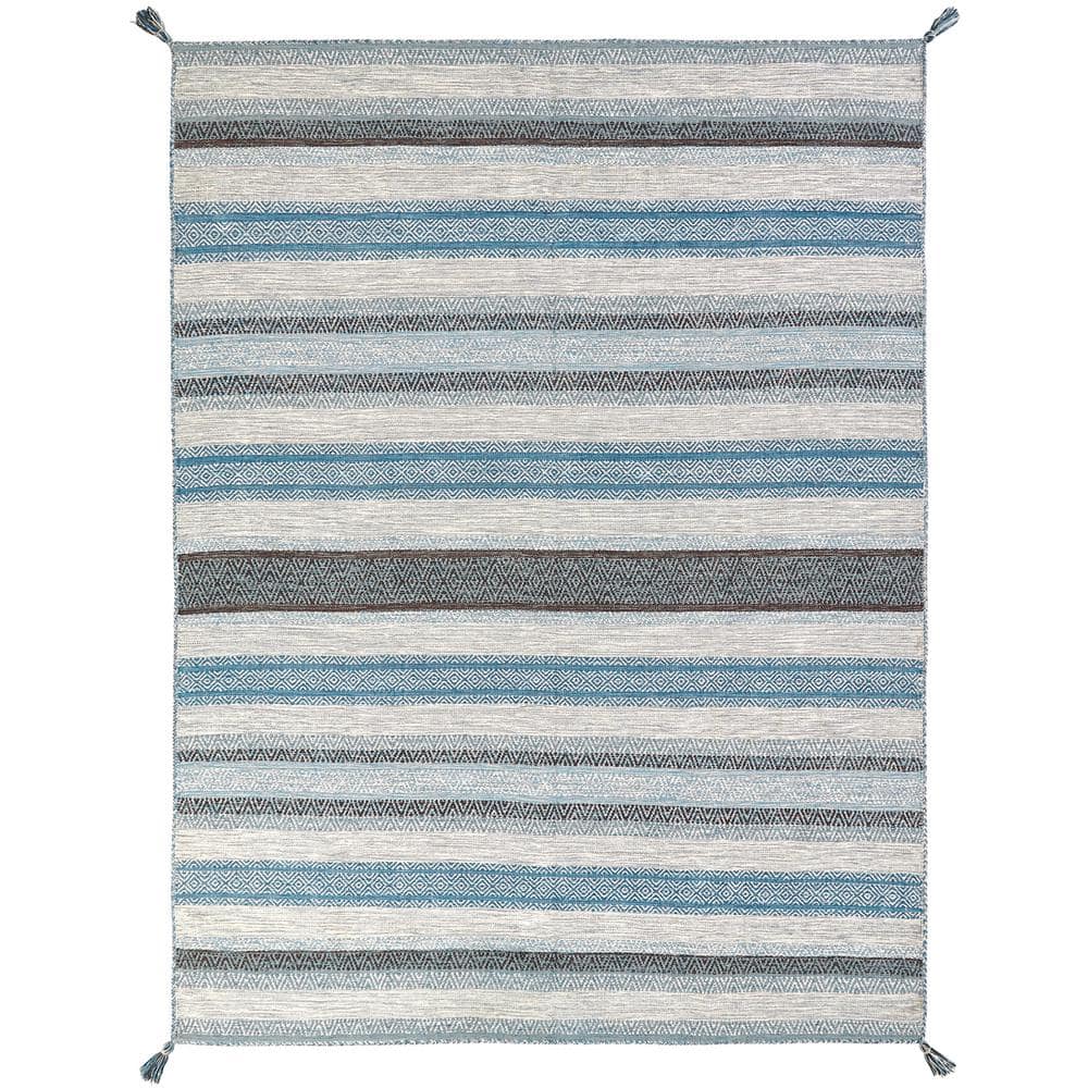 Handmade Turquoise and Gray Cotton Chenille Striped Area Rug
