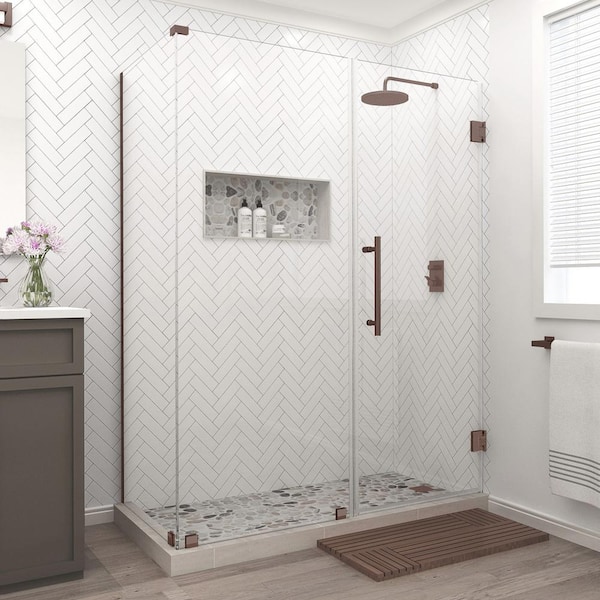 Aston Bromley 60.25 in. to 61.25 in. x 38.375 in. x 72 in. Frameless Corner Hinged Shower Door in Bronze