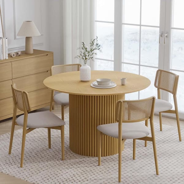 Lirago Cylindrical Natural Colored Wood 46" Column Base Under Beveled Cut Edge Dining Table for 4