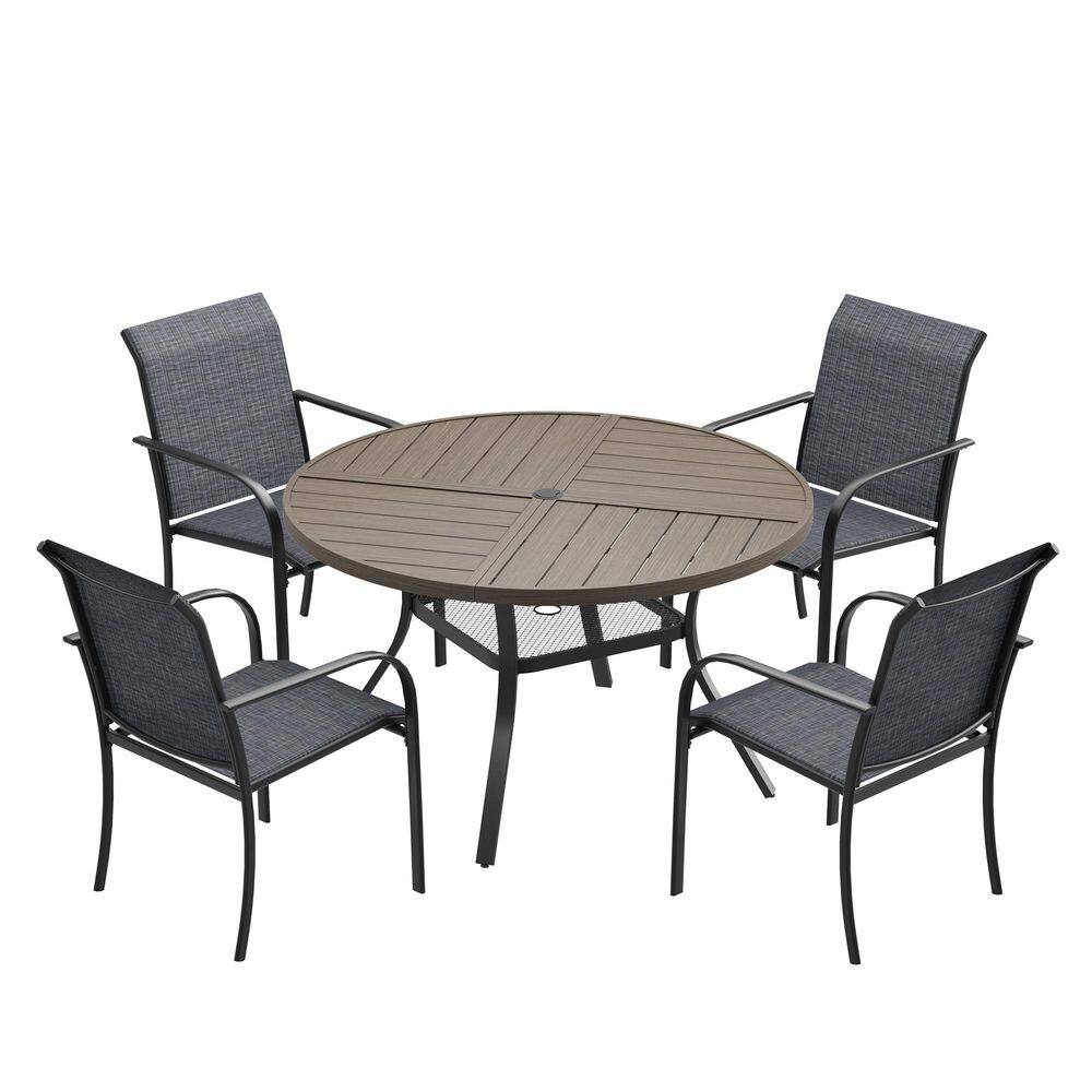 5-Piece Outdoor Patio Dining Set with 40.6 in. Grey Wood-Like Round Table and 4-Grey Dining Chairs