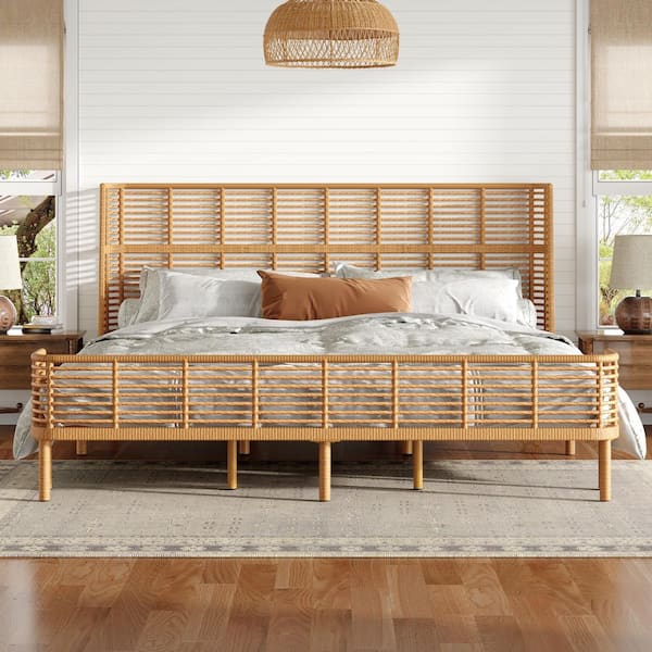 Kyle Boho Brown Metal and PE Rattan Frame King Size Platform Bed with Sleek Grid Wing Headboard, Natural
