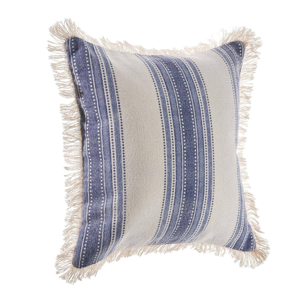Navy and Ivory Striped Cotton Throw Pillow Set with Fringe