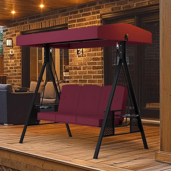 3-Seat Outdoor Metal Porch Swing with Stand, Cushions and Canopy, Wine Red