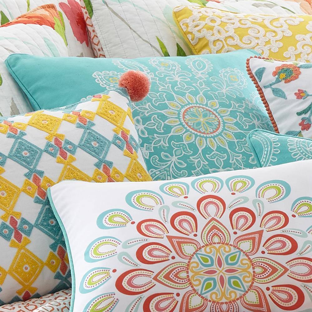 Turquoise and White Feather Fill Bohemian Throw Pillow