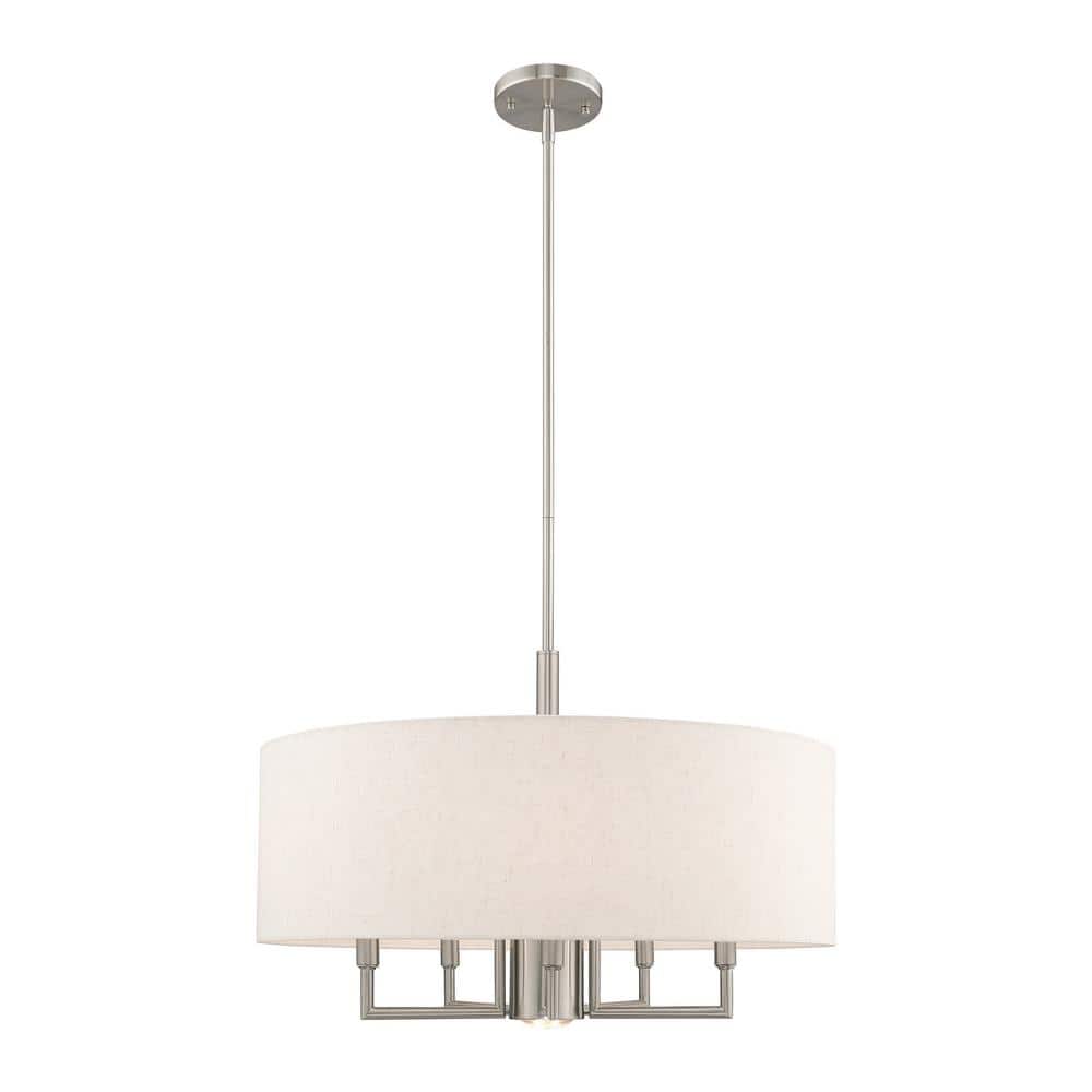 Meridian 6-Light Brushed Nickel Pendant with Oatmeal Fabric Shade