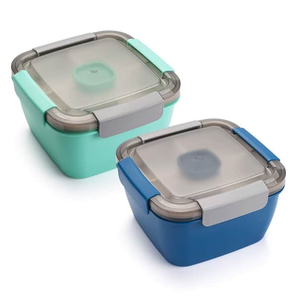 52 fl. oz. Blue and Green Plastic 3 Compartment Portable Salad Lunch To Go Bowl for Picnic Daily Meal (Set of 2)