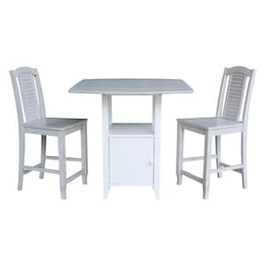 Set of 3 pcs - White/Chalk Dual Drop Leaf Bistro Table Counter Height with Storage 2-Counter Height Stools