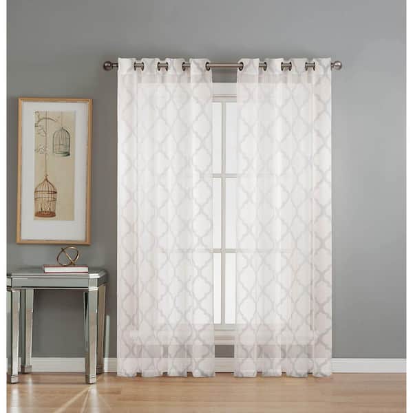 Window Elements Sheer Lattice Cotton Blend Burnout Sheer 84 in. L Grommet Curtain Panel Pair, White (Set of 2)