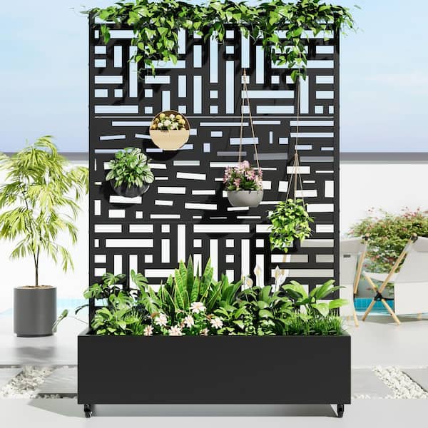 Lumioca 71.37 In. H x 46.8 In. W Iron Black Wide Brim Outdoor Planting Box with Climbing Frame Decorative Art Panel