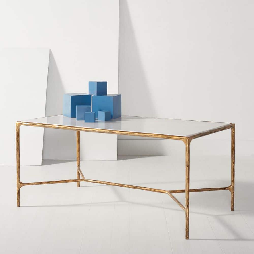 Jessa 22 in. White and Brass Rectangle Marble Coffee Table