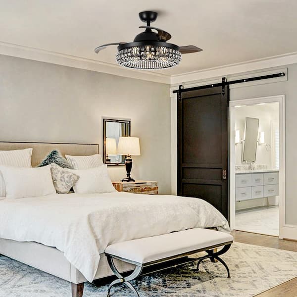 42 in. Indoor Modern Black Retractable 3-Blade Crystal Ceiling Fan Chandelier with Light Kit and Remote Control