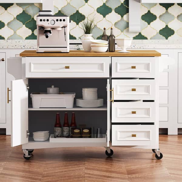 Coastal Embossed Texture White Wood 52 in. Drop Leaf Rolling Kitchen Island Carts with 2-Door and 5-Drawer