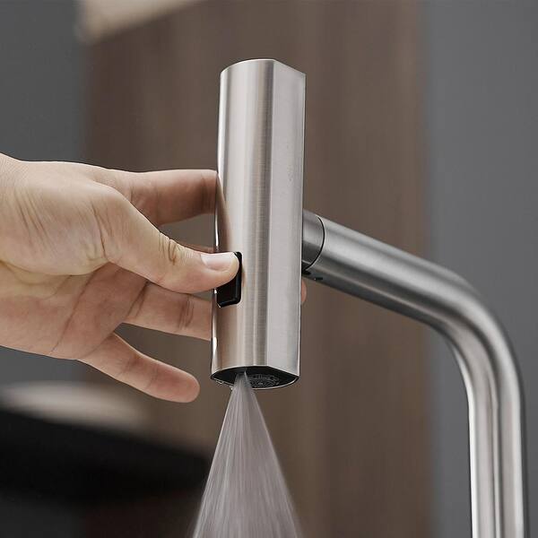 Modern Single Handle Single Hole Pull Out Sprayer Kitchen Faucet Stainless Steel in Brushed Nickel