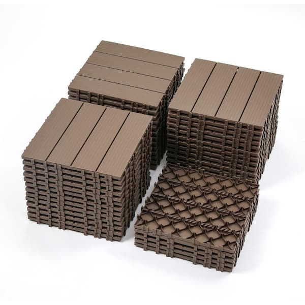 PARASOLAR 12 in. x 12 in. Square Polypropylene Decking Tiles, 4 Slat Plastic Outdoor Interlocking Flooring Tile (Brown, 44-Pack)