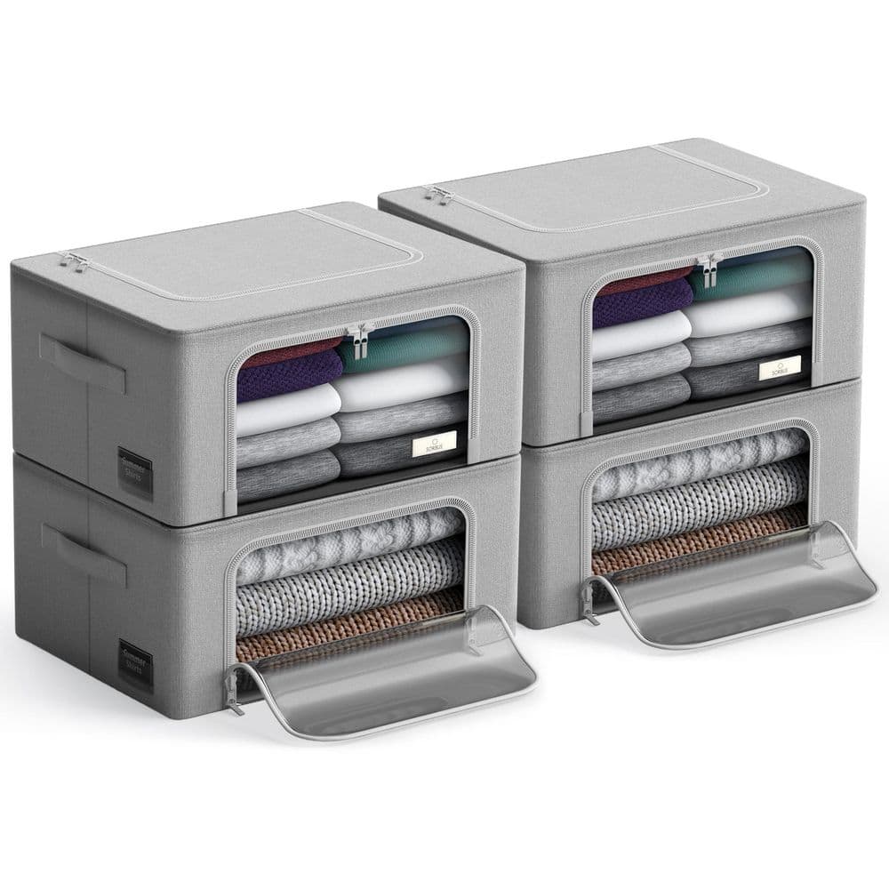 Storage Bins, Organizers with Metal Frame, Handles, and Window, Gray 15.75 