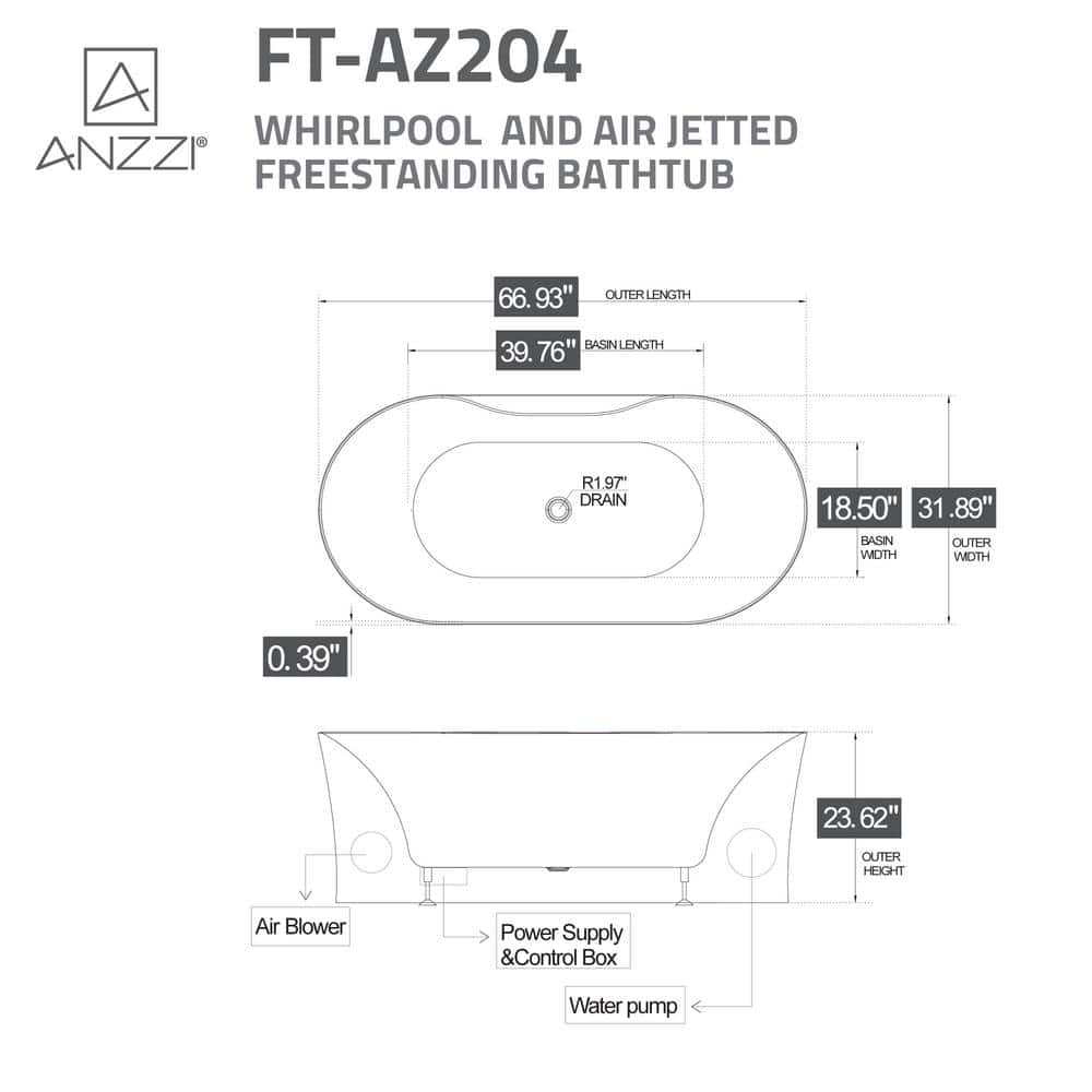 67-Inch White Acrylic Freestanding Whirlpool Bathtub with Chromotherapy