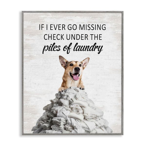 Stupell Industries Piles Of Laundry Dog by Lettered and Lined Gray Framed Typography Giclee Art Print 30 in. x 24 in.