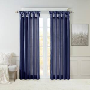 Natalie Navy Solid Polyester Faux Silk 50 in. W x 84 in. L Room Darkening Twisted Tab Curtain with Lining