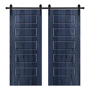 Modern 5 Panel Designed 48 in. x 80 in. Wood Panel Royal Navy Painted Double Sliding Barn Door with Hardware Kit