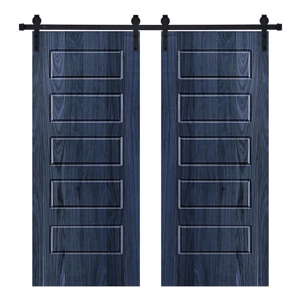 AIOPOP HOME Modern 5 Panel Designed 48 in. x 80 in. Wood Panel Royal Navy Painted Double Sliding Barn Door with Hardware Kit