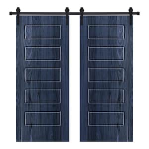 Modern 5 Panel Designed 60 in. x 80 in. Wood Panel Royal Navy Painted Double Sliding Barn Door with Hardware Kit