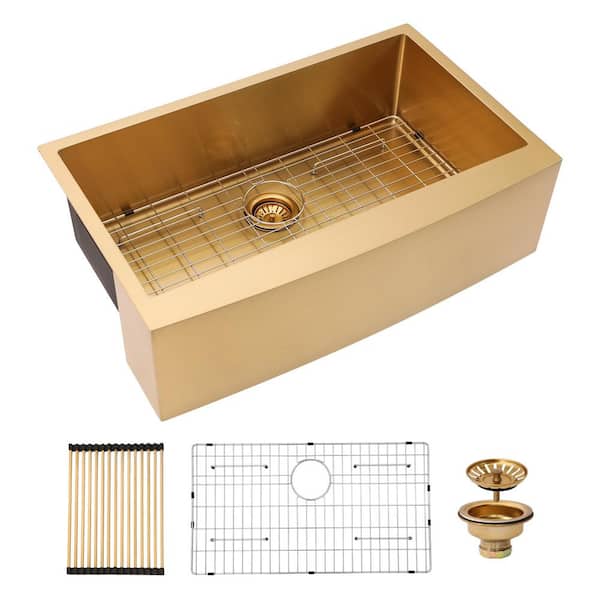 33 in. Drop-in Single Bowl 16 Gauge Gold Stainless Steel Kitchen Sink and Bottom Grids