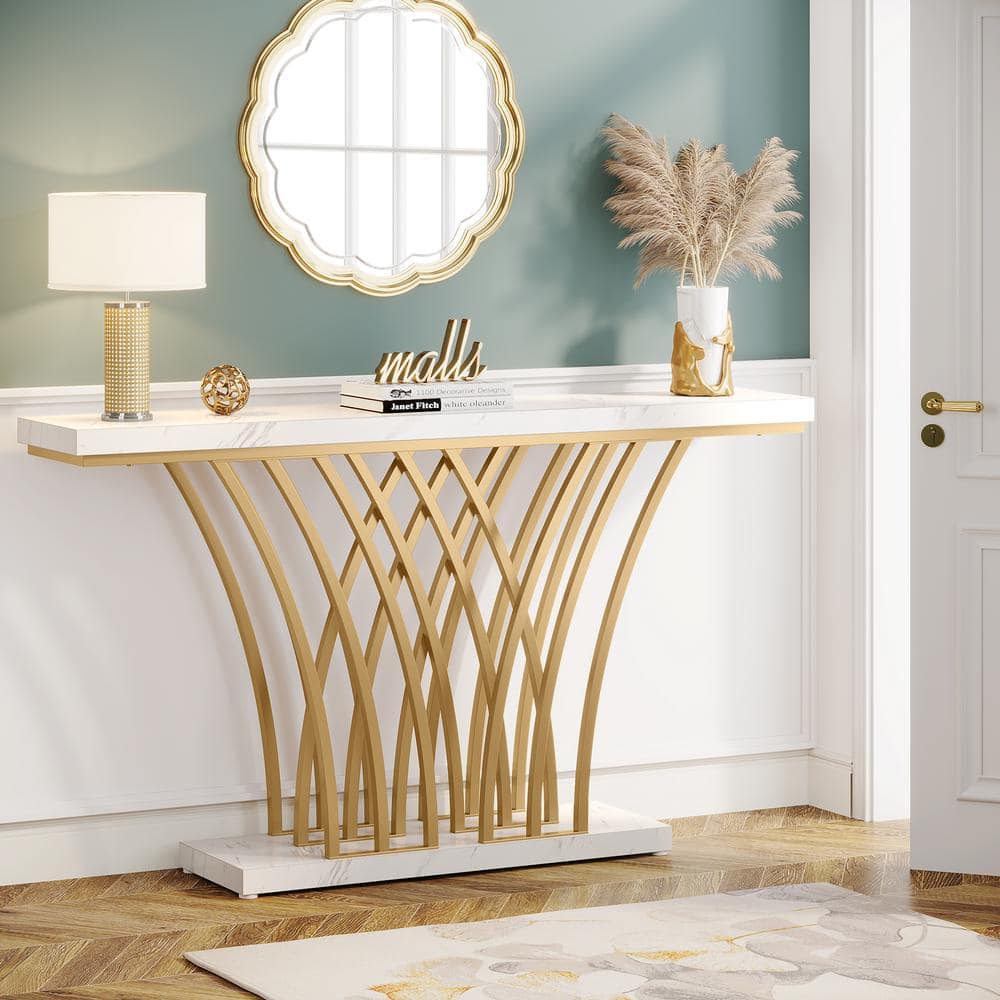 59'' Gold Console Table with White Faux Marble Top and Grid Metal Base