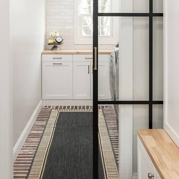 Dark Grey 2 ft. x 6 ft. Striped Border Flatweave Outdoor Area Rug