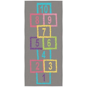 Children's Garden Collection Non-Slip Rubberback Hopscotch 3x6 Kid's Runner Rug, 2 ft. 7 in. x 6 ft., Gray/Pink