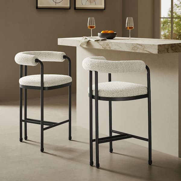Turin Boucle and Metal Counter Stool in Black Pearl-Upholstered Modern Barrel Counter Chair with Open Design