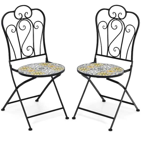Costway Patio Folding Metal Mosaic Bistro Chairs Flower Pattern Outdoor Dining Chair (Set of 2)