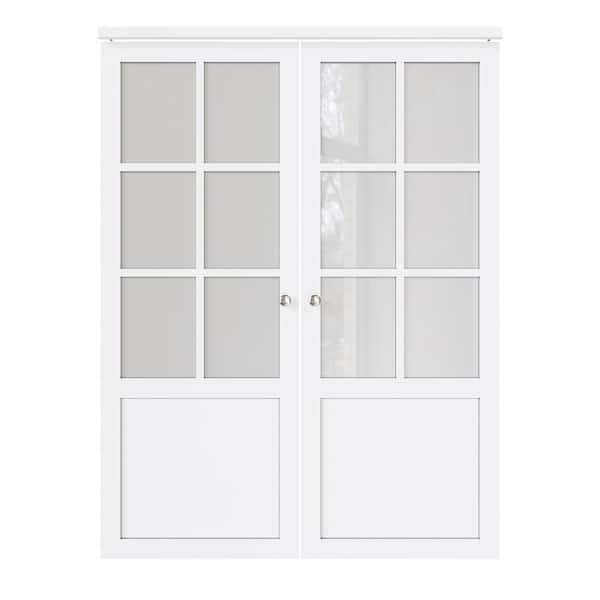 60 in. x 80 in. 6-Lite Tempered Frosted Glass Solid Core White Finished Glass Pivot Bi-fold Door with Pivot Hardware