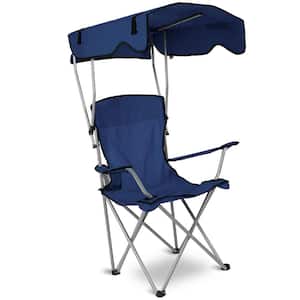 Metal Foldable Beach Canopy Chair Sun Protection Camping Lawn Canopy Chair 330 lbs. Load Folding Seat-Navy Blue