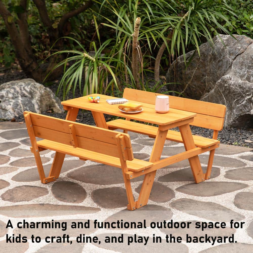 Rustic Fir Wood Kids Picnic Table Bench with Backrest