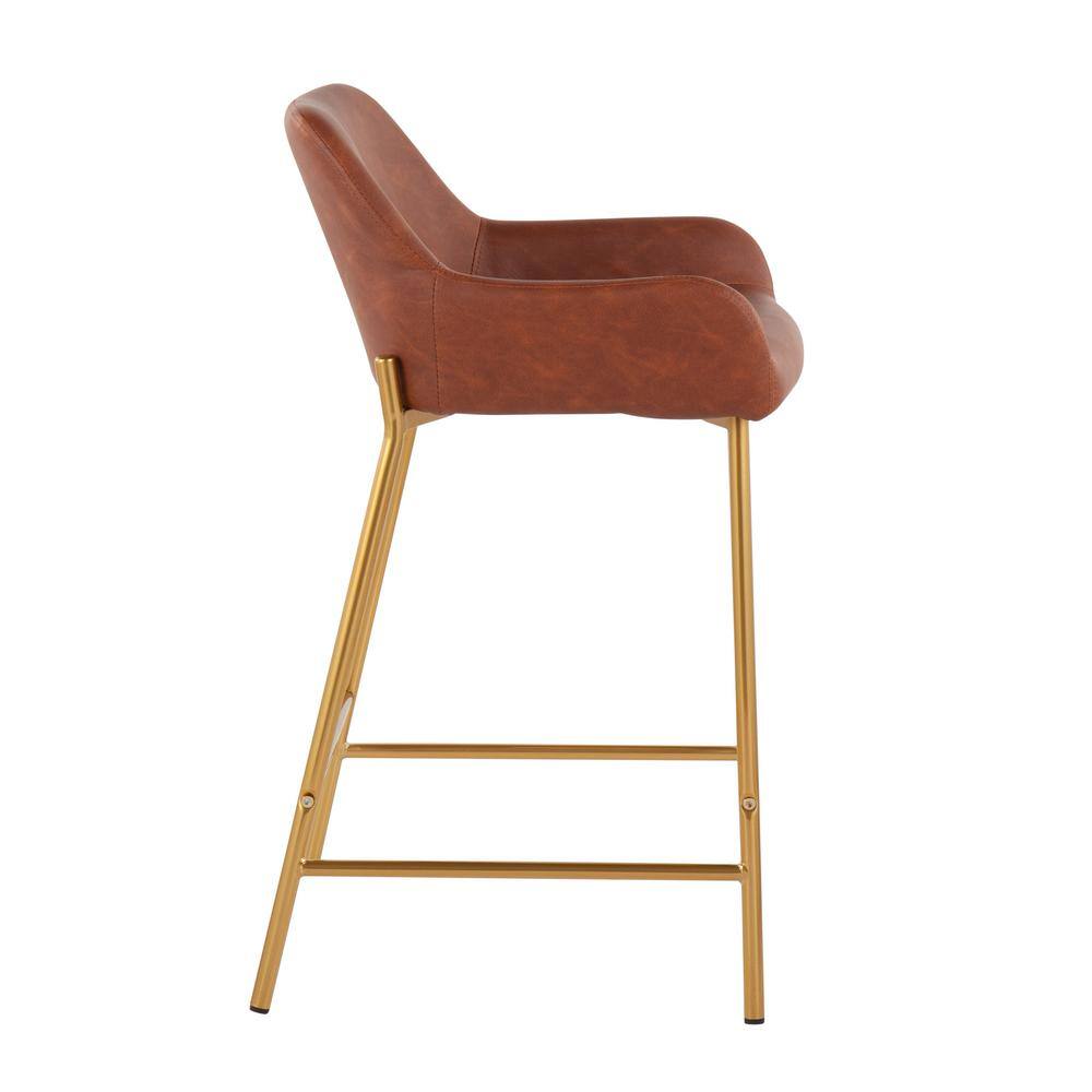 Set of 2 Gold Metal and Camel Faux Leather Counter Stools
