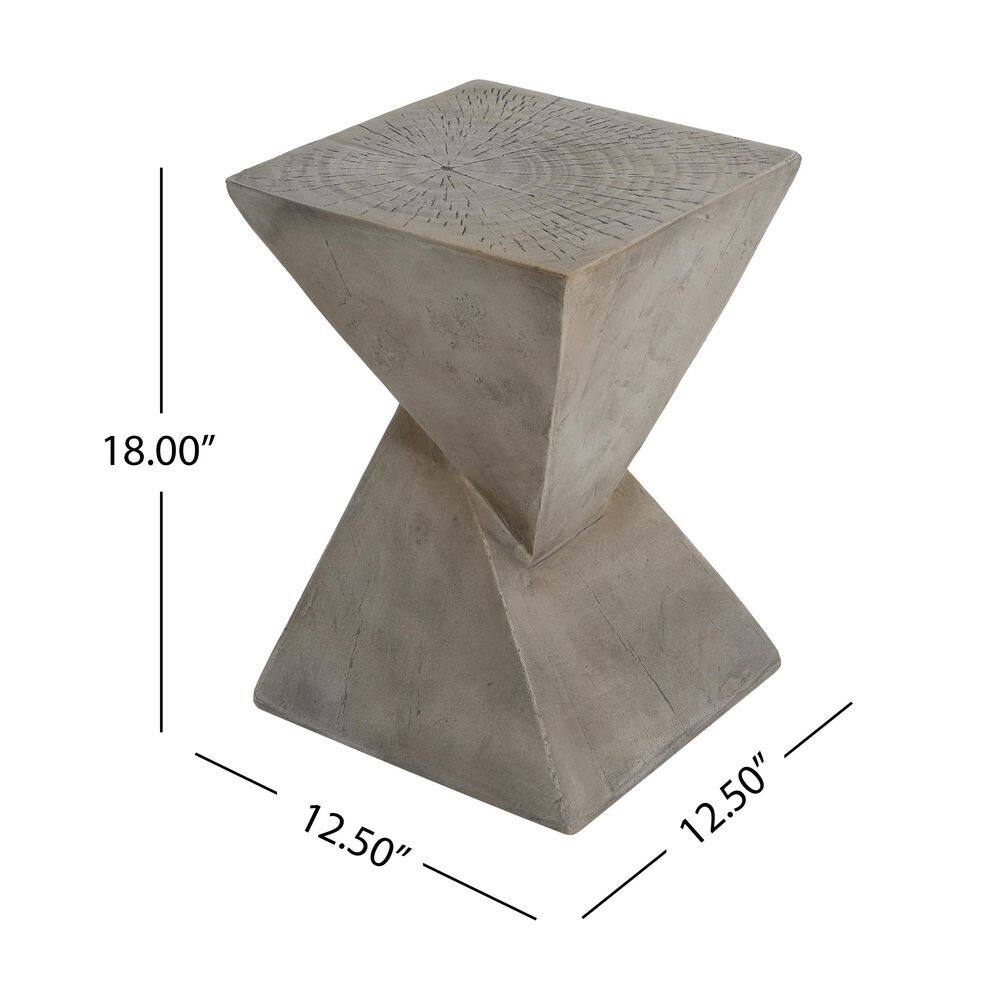 Light gray geometric side table with dimensions 18 inches high and 12.5 inches wide.