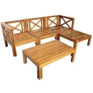 5-Piece Patio Furniture Set Natural Hardwood Sectional Sofa Set Conversation Set with Sofa, Ottoman,Table, Beige Cushion
