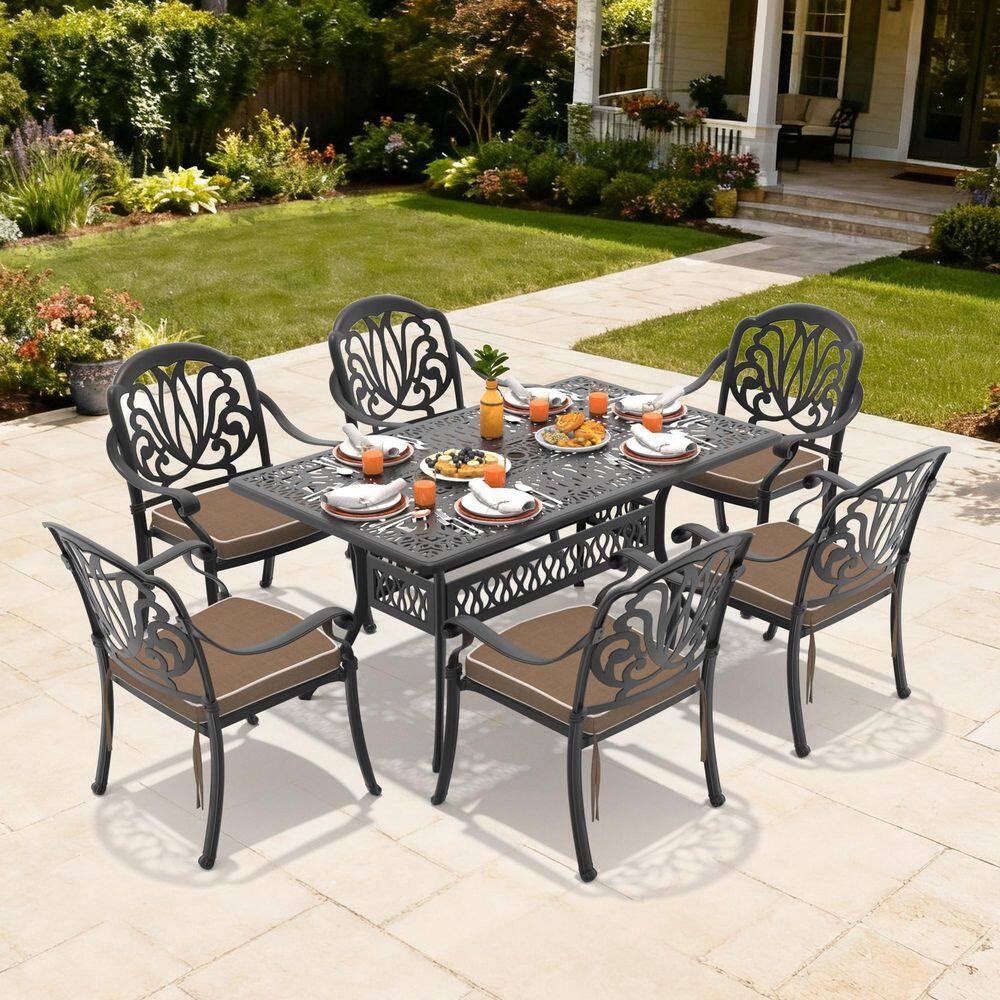 Black 7-Piece Rust-Free Cast Aluminum Outdoor Dining Set with Rectangular Table, 6 Dining Chairs and Brown Cushions