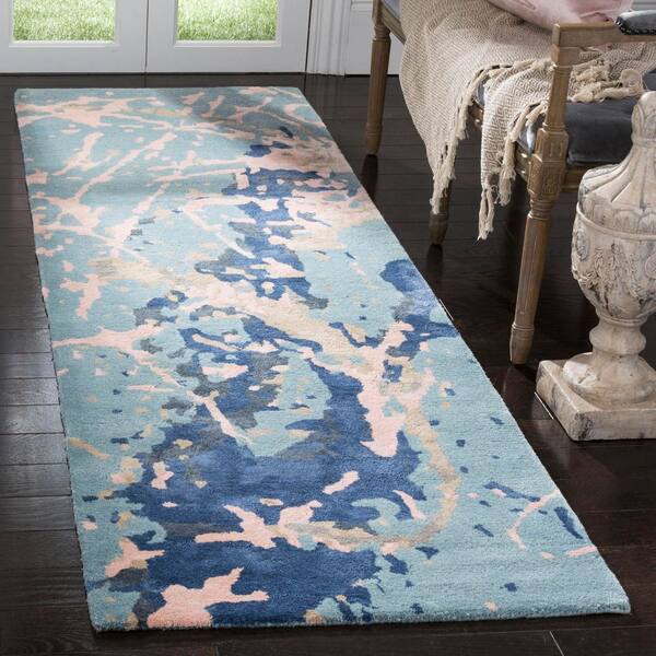 Soho 3 ft. x 8 ft. Blue/Light Pink Abstract Modern Runner Rug
