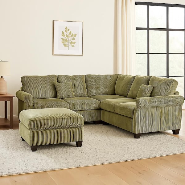68 in. Rolled Arms 1-Piece Fabric L Shape with Sectional Sofa and Storage Ottoman in. Sage Green