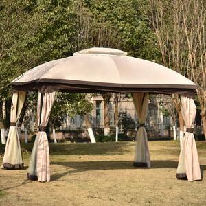 9.8 ft. W x 11.8 ft. D Khaki Aluminum Patio Outdoor Double Roof Canopy with Mosquito Netting