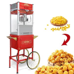 1440 W Theater-Style Popcorn Machine with Cart, 20 oz. Stainless Steel Kettle, Warming Deck and Old Maids Drawer, Red