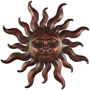 Metal Bronze Sun Wall Decor with Smiling Face and Curved Rays
