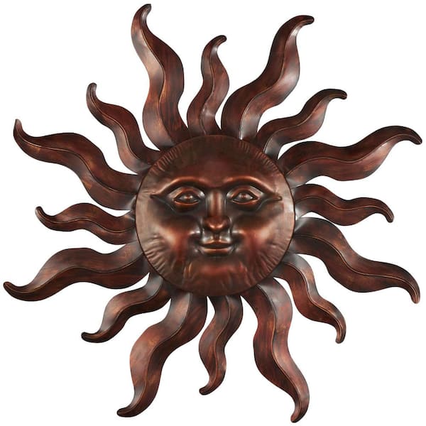Litton Lane 32 in. x 35 in. Metal Bronze Sun Wall Decor with Smiling Face and Curved Rays