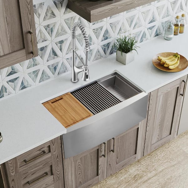 Zero Radius 33 in. Apron-Front Single Bowl 18 Gauge Stainless Steel Workstation Kitchen Sink with Spring Neck Faucet