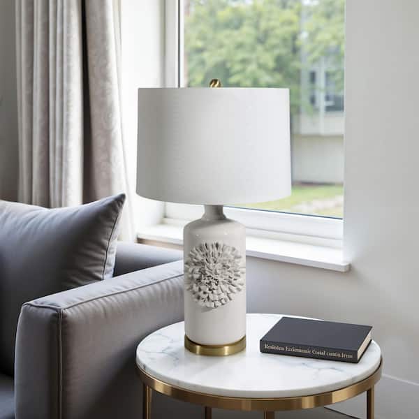 29 in. Tan Stoneware Dahila Flower Applique Table Lamp