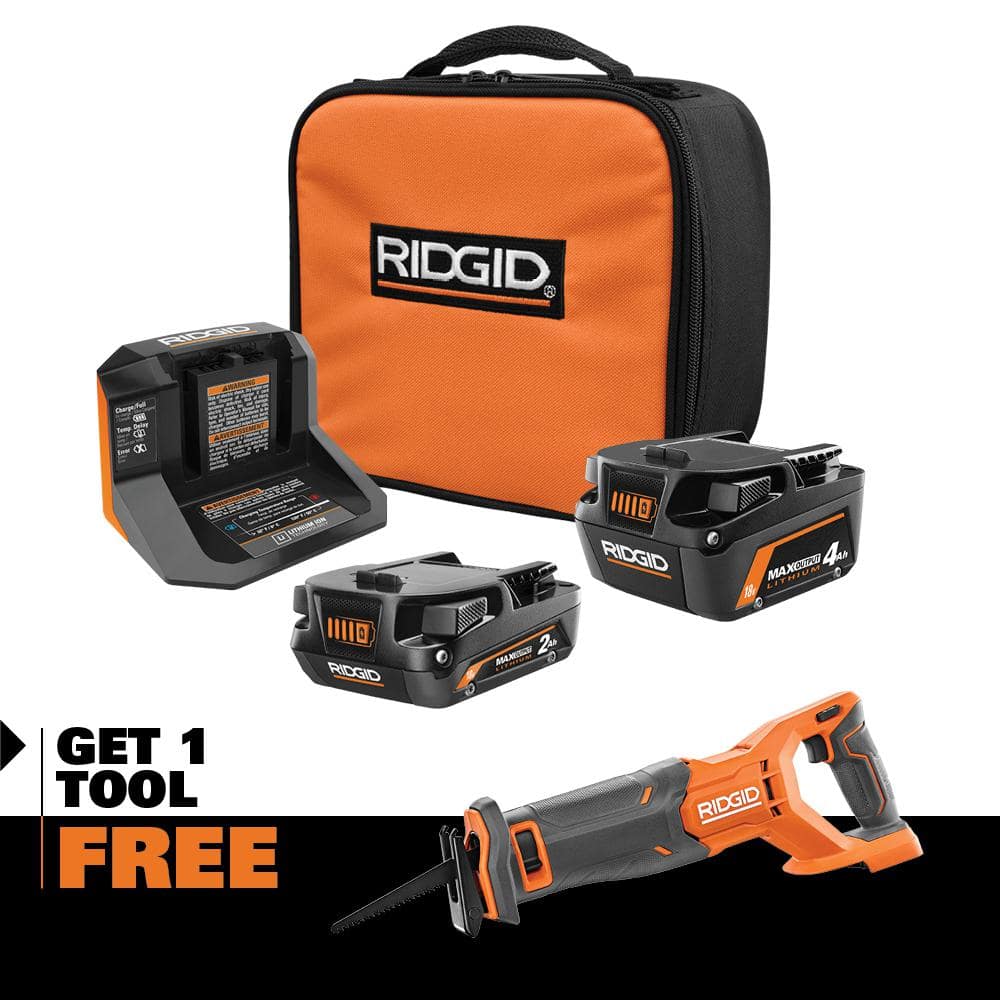 RIDGID 18V MAX Output 4.0 Ah 2.0 Ah Batteries and Charger with FREE 18V  Brushless Reciprocating Saw AC8400240SB-R8647B - The Home Depot