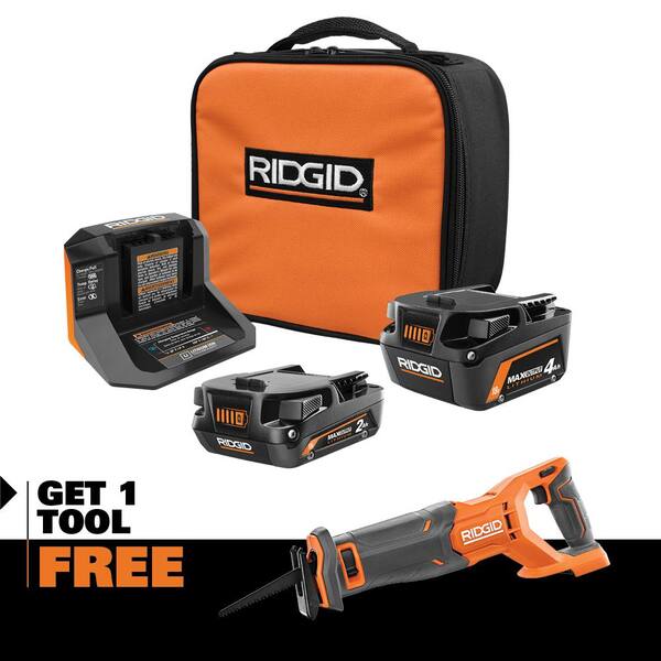 RIDGID 18V MAX Output 4.0 Ah 2.0 Ah Batteries and Charger with FREE 18V  Brushless Reciprocating Saw AC8400240SB-R8647B - The Home Depot