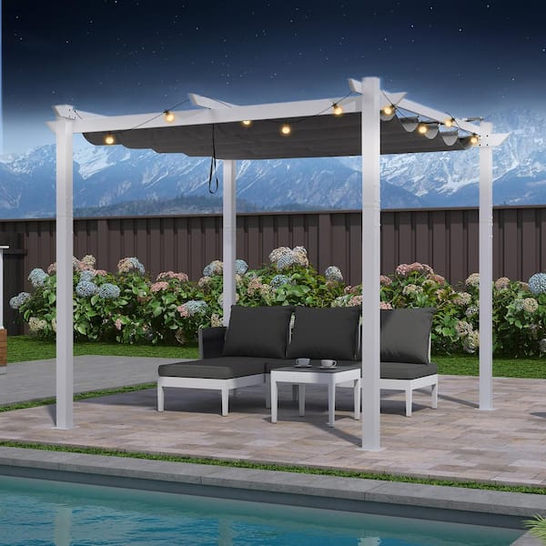PURPLE LEAF 10 ft. x 10 ft. White Aluminum Frame Pergola with Gray Retractable Sun Shade Canopy Extra Roof and String Lights