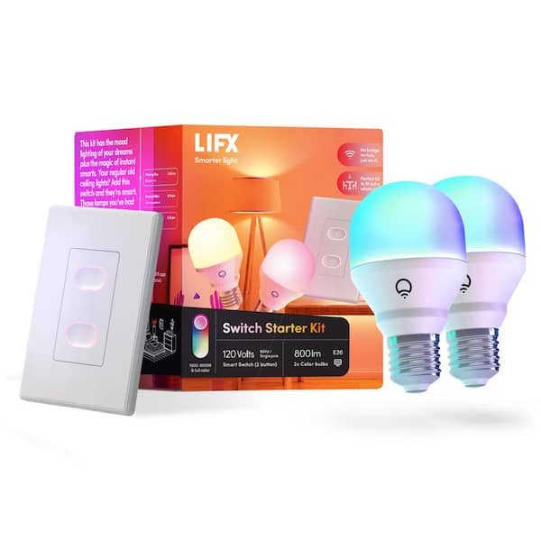 60-Watt Equivalent Smart 2-A19 LED Light Bulbs and 1-Switch Kit, Works with Alexa/Hey Google/HomeKit Multi-Color (1-Kit)